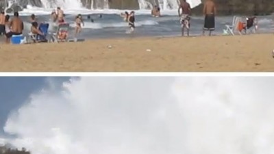 폭포 쏟아지는 바닷가 “엄마, 파도가 날아다녀~!”